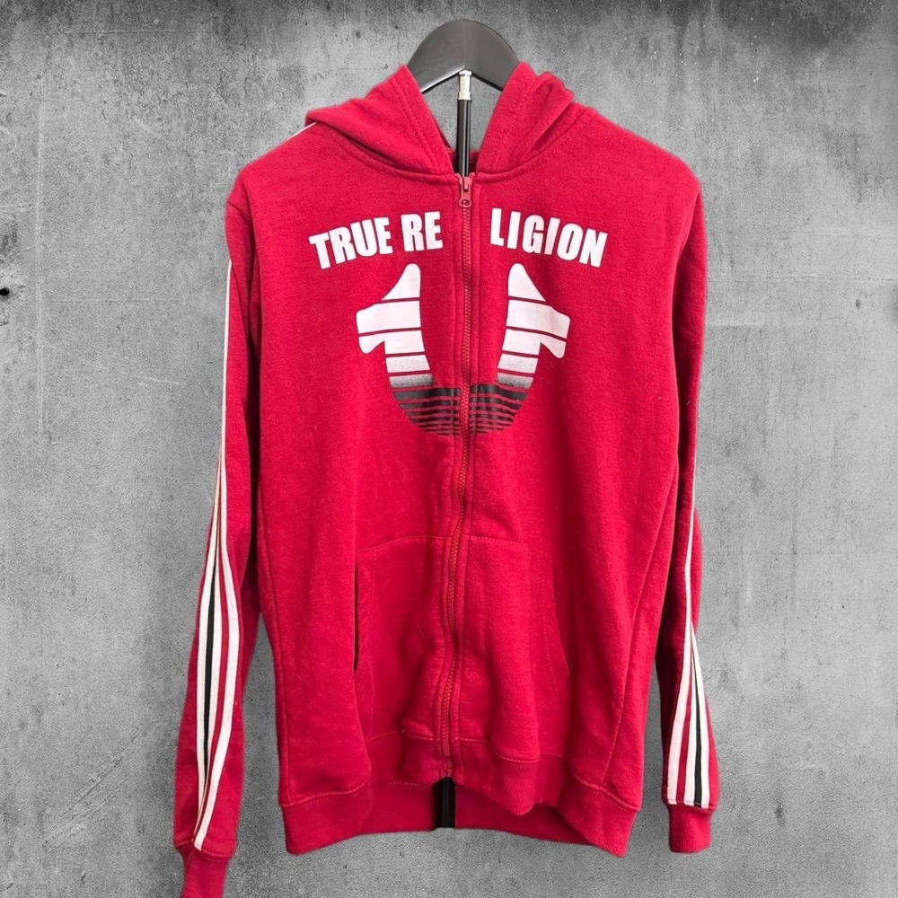 Women's True Religion red zip up hoodie with white stripes on sleeves size XL